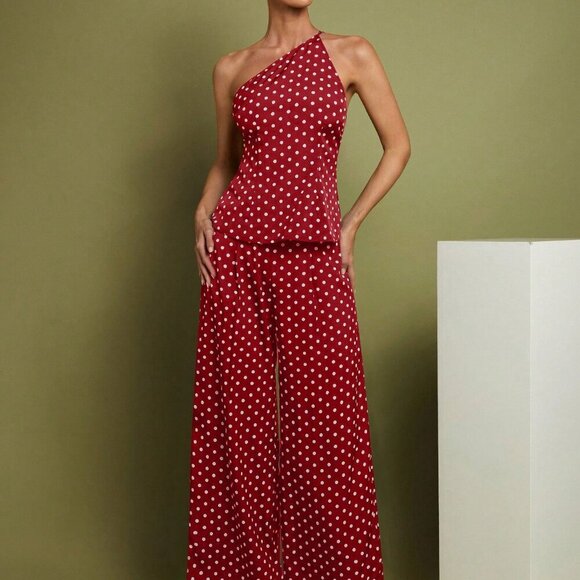 Burgundy Women's Polka Dot Print Sleeveless Top And Wide Leg Pants Set - Picture 6 of 7